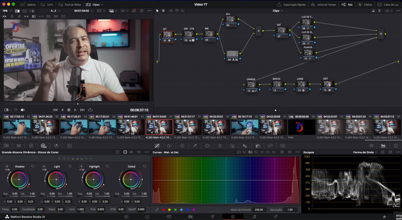 Nodes, scopes e imagem do projeto no DaVinci Resolve